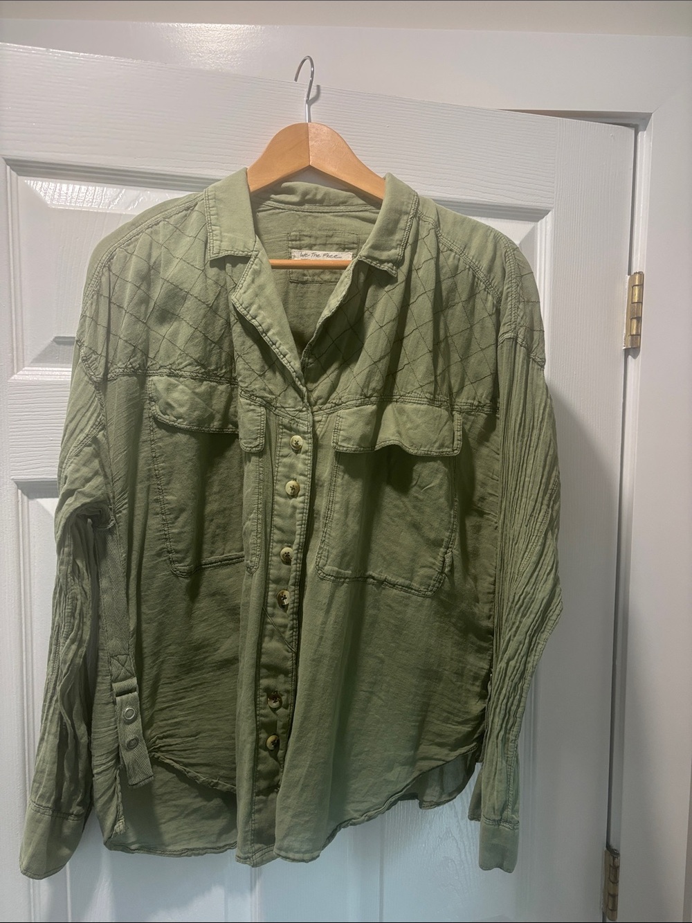 We The Free Olive Quilted-Shoulder Button-Up Shirt